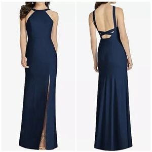 Dessy Collection Halter Neck Open Back Gown Dress Midnight Blue Size 18 NWT